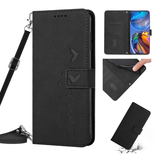 

For Motorola Edge 30 Skin Feel Heart Pattern Leather Phone Case With Lanyard(Black)