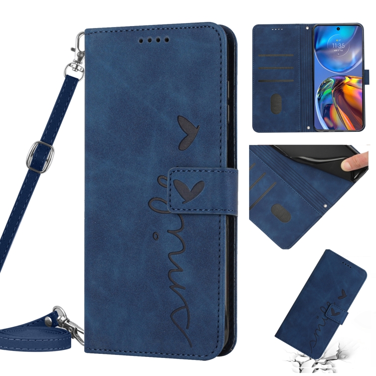 

For Motorola Edge 2022 Skin Feel Heart Pattern Leather Phone Case With Lanyard(Blue)