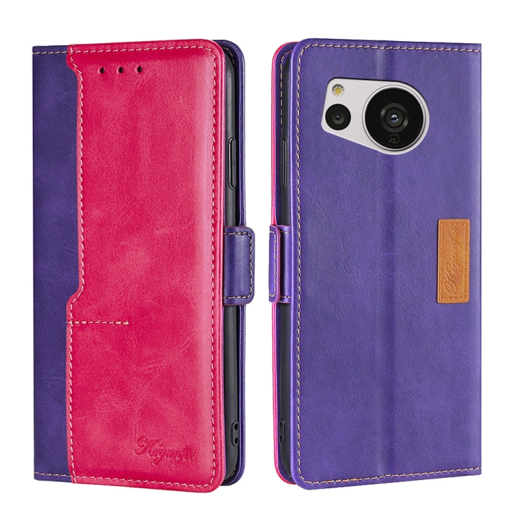 

For Sharp Aquos Sense7 Contrast Color Side Buckle Leather Phone Case(Purple + Rose Red)