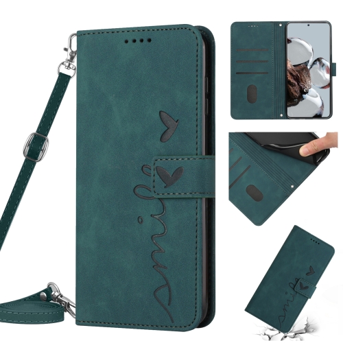 

For Xiaomi 12T/12T Pro/Redmi K50 Ultra Skin Feel Heart Pattern Leather Phone Case with Lanyard(Green)