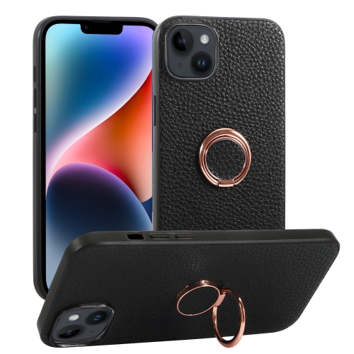 

For iPhone 14 Litchi Texture Magnetic Phone Case with Ring Holder(Black)