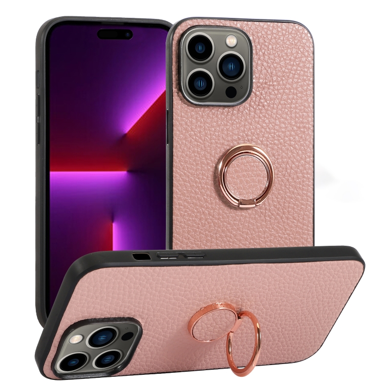 

For iPhone 14 Pro Max Litchi Texture Magnetic Phone Case with Ring Holder(Pink)