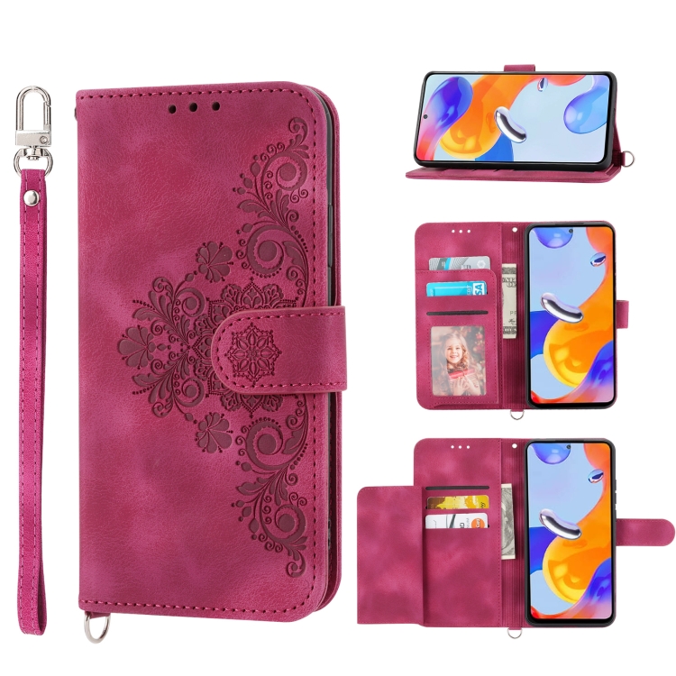 

For Xiaomi Redmi Note 11 Pro Skin-feel Flowers Embossed Wallet Leather Phone Case(Wine Red)
