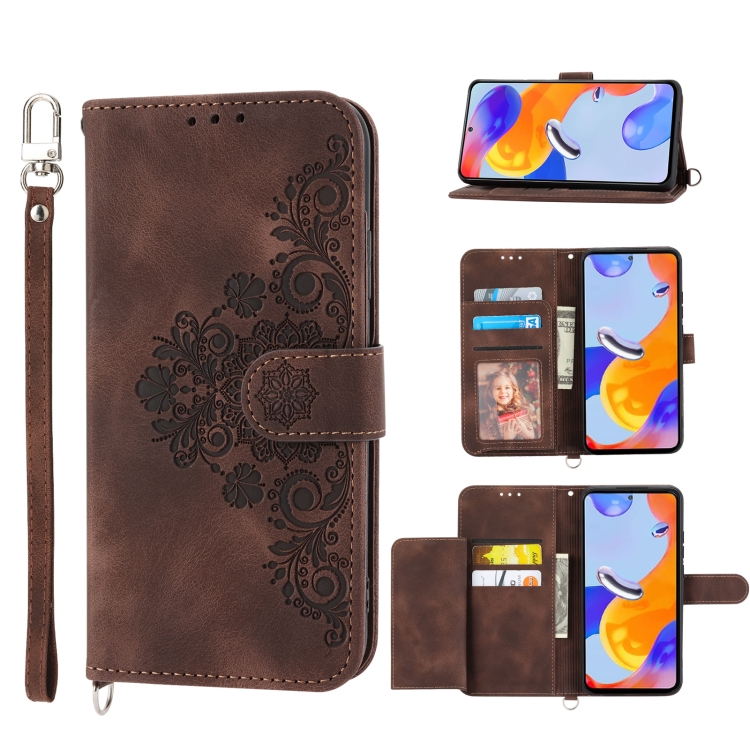 

For Xiaomi Redmi Note 11 5G Skin-feel Flowers Embossed Wallet Leather Phone Case(Brown)