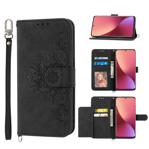 

For Xiaomi 12T / 12T Pro / Redmi K50 Ultra Skin-feel Flowers Embossed Wallet Leather Phone Case(Black)