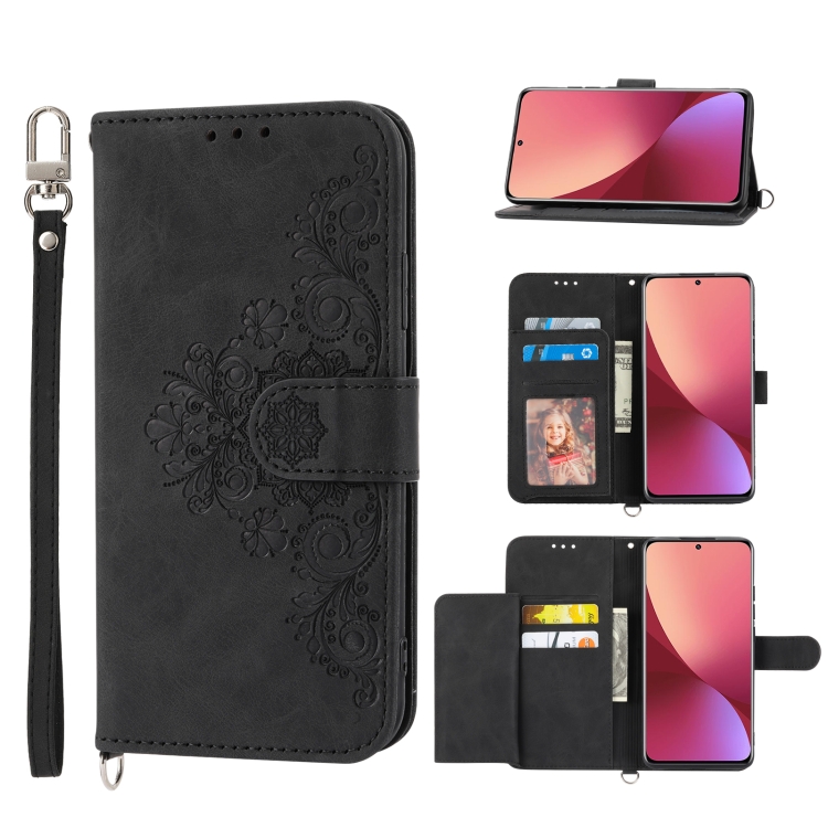 

For Xiaomi 12 Pro Skin-feel Flowers Embossed Wallet Leather Phone Case(Black)