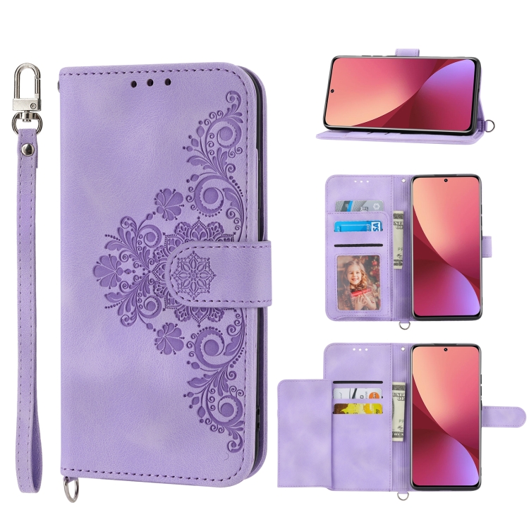 

For Xiaomi 12 Pro Skin-feel Flowers Embossed Wallet Leather Phone Case(Purple)