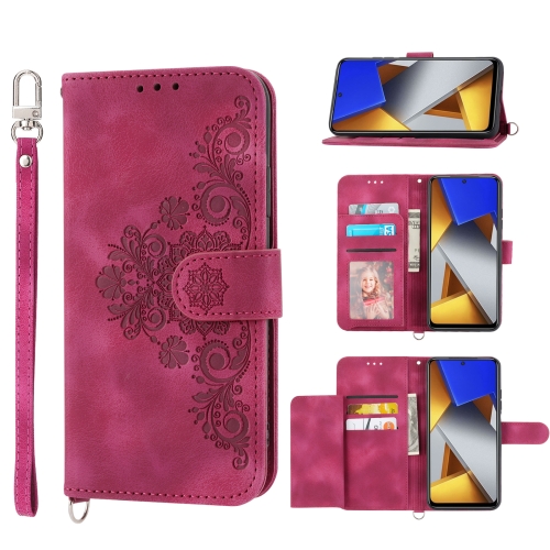 

For Xiaomi Poco M4 Pro 4G Skin-feel Flowers Embossed Wallet Leather Phone Case(Wine Red)