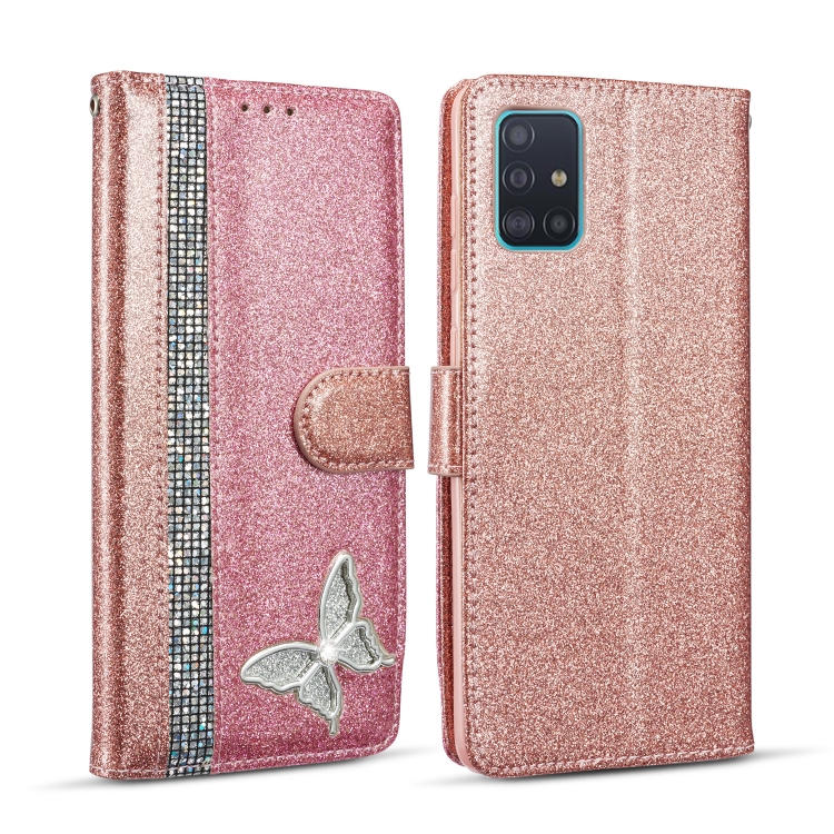 

For Samsung Galaxy A71 Glitter Powder Butterfly Leather Phone Case(Rose Gold)