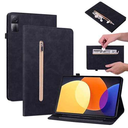 

For Xiaomi Redmi Pad 5G Skin Feel Solid Color Zipper Leather Tablet Case(Black)