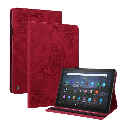 

For Amazon Kindle Fire 7 2022 Butterfly Flower Embossed Leather Tablet Case(Red)