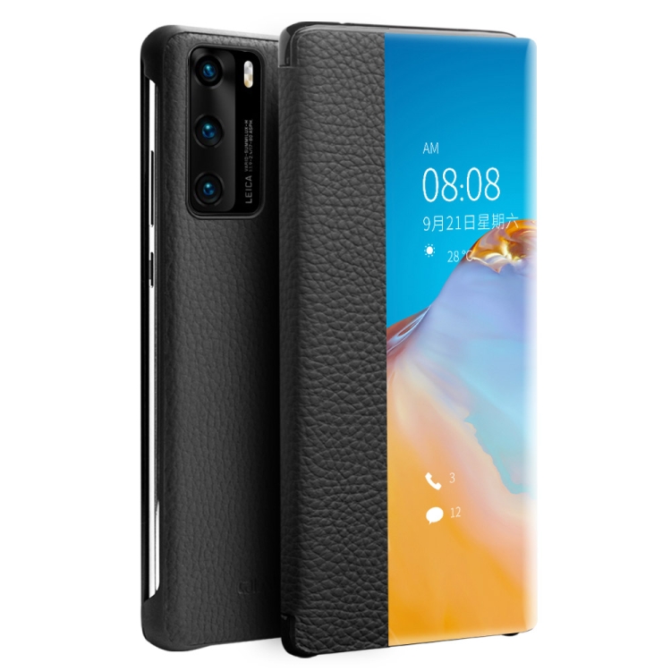 

For Huawei P40 Pro QIALINO Litchi Texture Side Window View Leather Phone Case(Black)