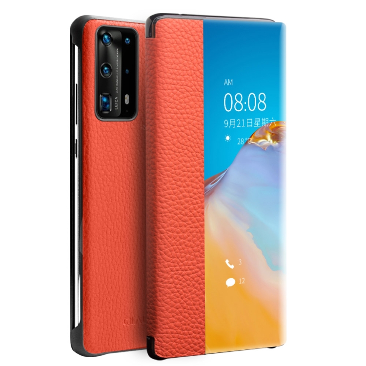 

For Huawei P40 QIALINO Litchi Texture Side Window View Leather Phone Case(Orange)
