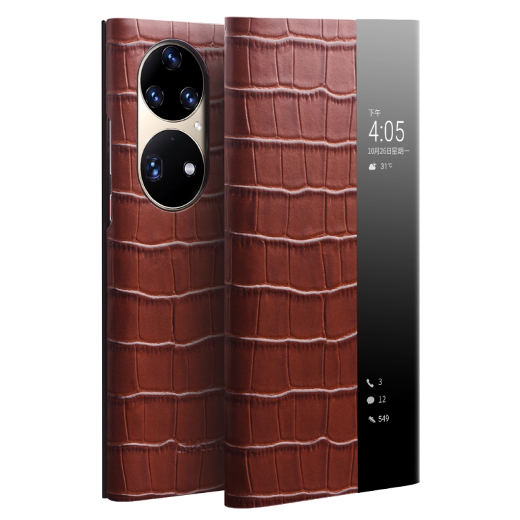 

For Huawei P50 QIALINO Crocodile Pattern Side Window View Genuine Leather Phone Case(Brown)