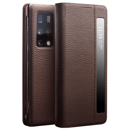 

For Huawei Mate X2 QIALINO Genuine Leather Side Window View Smart Phone Case(Brown)