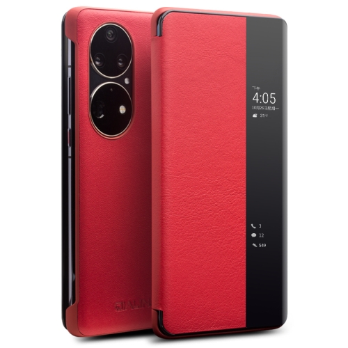For Huawei P50 Pro QIALINO Genuine Leather Side Window View Smart Phone Case(Red), 6922401072699  - buy with discount