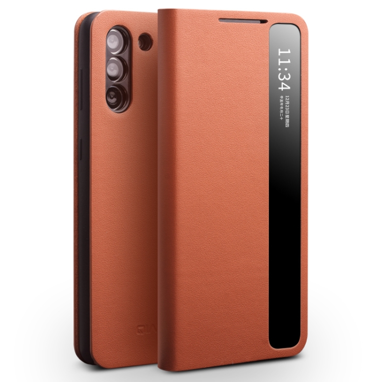 

For Samsung Galaxy S21 5G QIALINO Genuine Leather Side Window View Smart Phone Case(Brown)