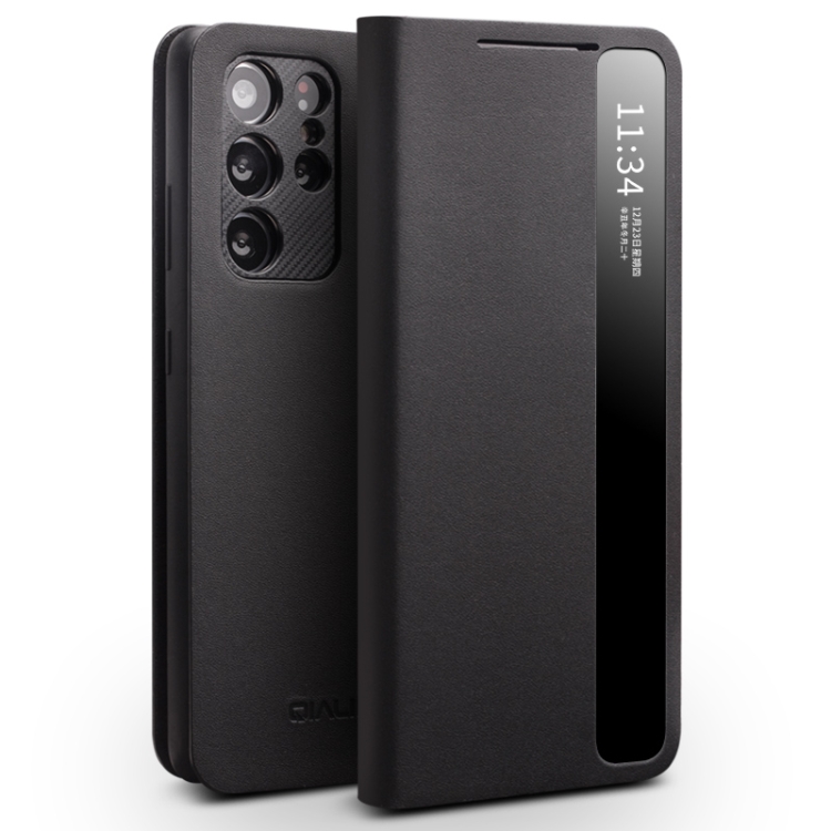 

For Samsung Galaxy S21 Ultra 5G QIALINO Genuine Leather Side Window View Smart Phone Case(Black)