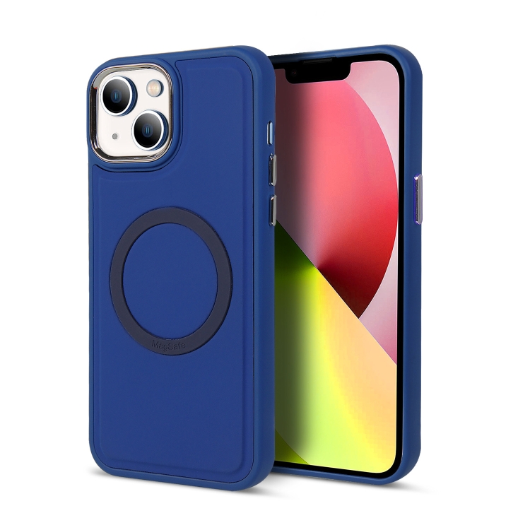 

For iPhone 14 Plus Imitation Liquid Silicone Skin Feel Plating Magsafe Phone Case(Navy Blue)