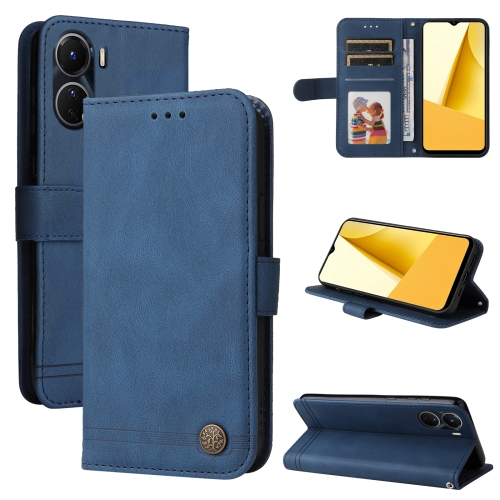 

For vivo Y16 / Y02s Skin Feel Life Tree Metal Button Leather Phone Case(Blue)