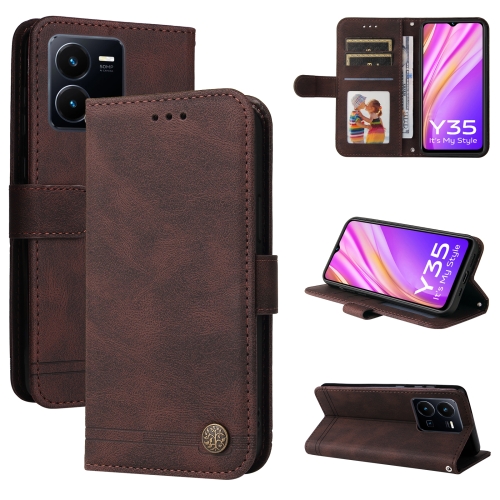 

For vivo Y35 4G / Y22s / Y22 Skin Feel Life Tree Metal Button Leather Phone Case(Brown)