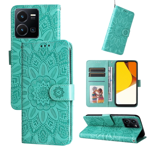 

For vivo Y35 4G / Y22s / Y22 Embossed Sunflower Leather Phone Case(Green)