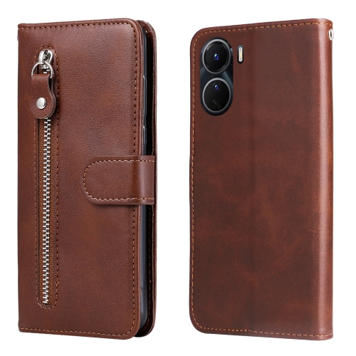 

For vivo Y16 / Y02s Calf Texture Zipper Leather Phone Case(Brown)