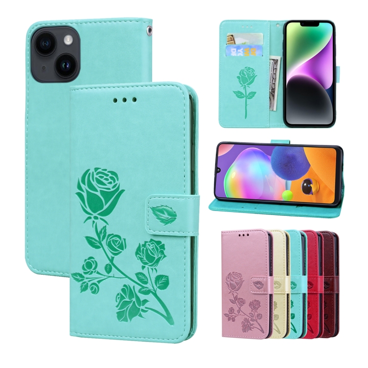 

For iPhone 14 Plus Rose Embossed Flip PU Leather Phone Case(Green)