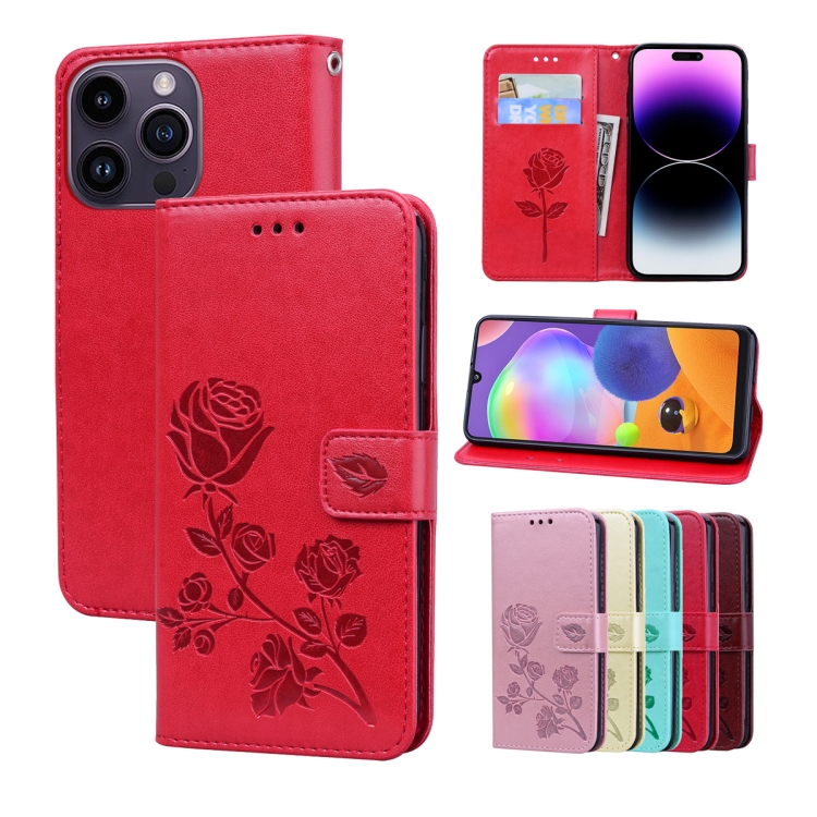 

For iPhone 14 Pro Max Rose Embossed Flip PU Leather Phone Case(Red)