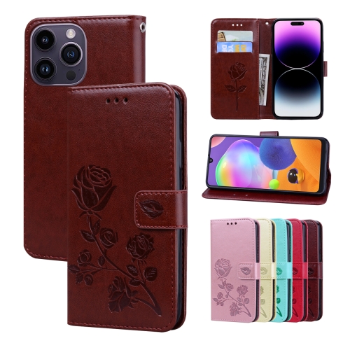 

For iPhone 14 Pro Rose Embossed Flip PU Leather Phone Case(Brown)