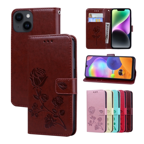 

For iPhone 14 Rose Embossed Flip PU Leather Phone Case(Brown)