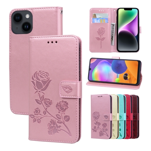 

For iPhone 14 Rose Embossed Flip PU Leather Phone Case(Rose Gold)