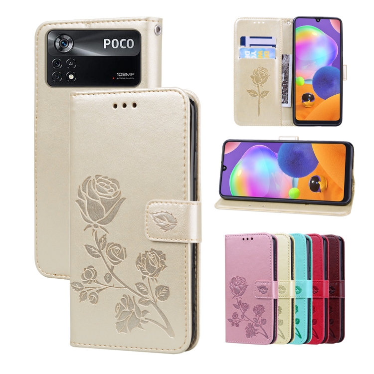 

For Xiaomi Poco M4 Pro 4G Rose Embossed Flip PU Leather Phone Case(Gold)