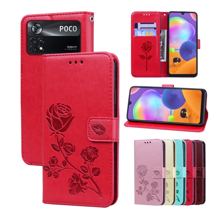 

For Xiaomi Poco X4 Pro 5G Rose Embossed Flip PU Leather Phone Case(Red)