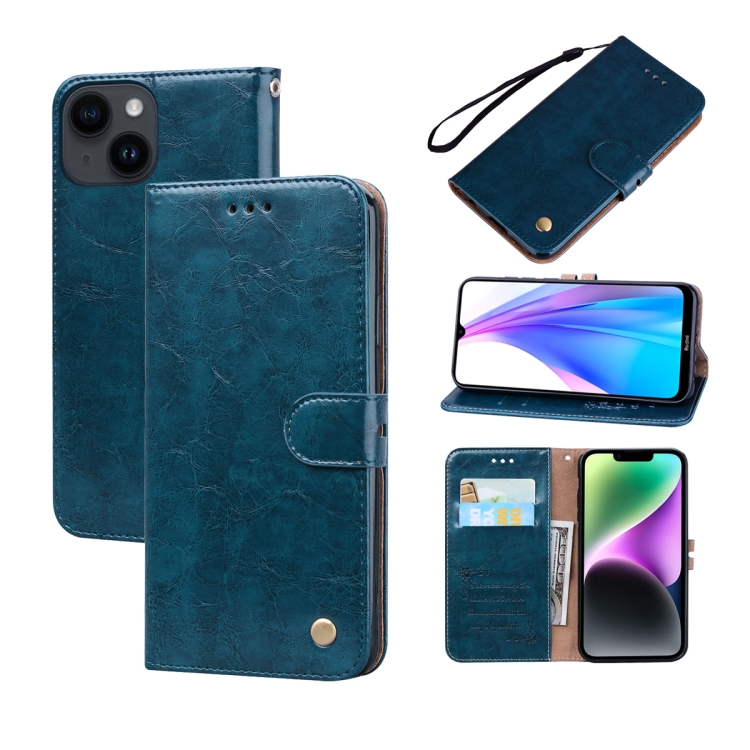 

For iPhone 14 Plus Oil Wax Texture Leather Phone Case(Blue)