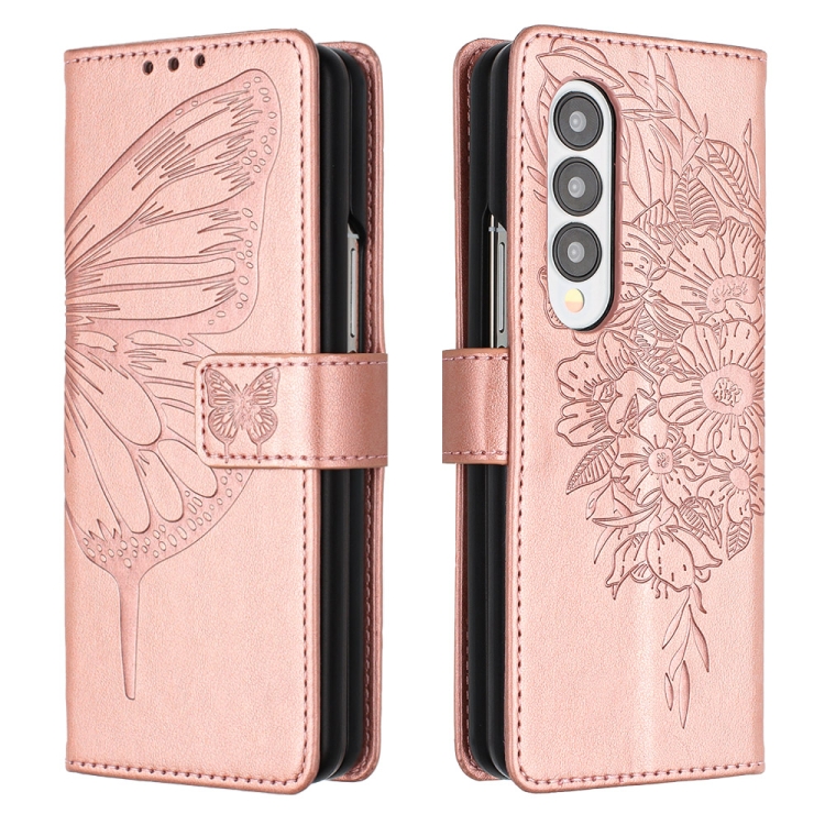 

For Samsung Galaxy Z Fold3 5G Embossed Butterfly Leather Phone Case(Rose Gold)
