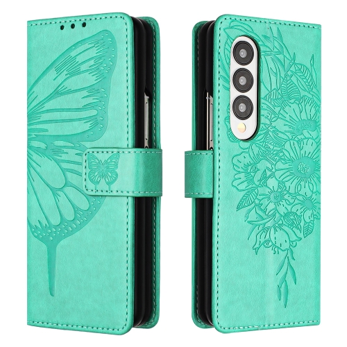 

For Samsung Galaxy Z Fold4 Embossed Butterfly Leather Phone Case(Green)