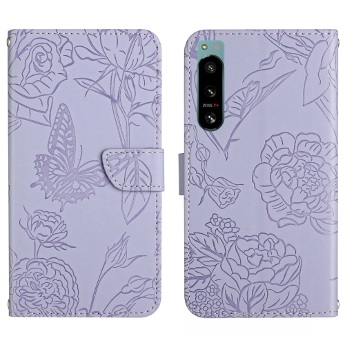 

For Sony Xperia 5 IV HT03 Skin Feel Butterfly Embossed Flip Leather Phone Case(Purple)