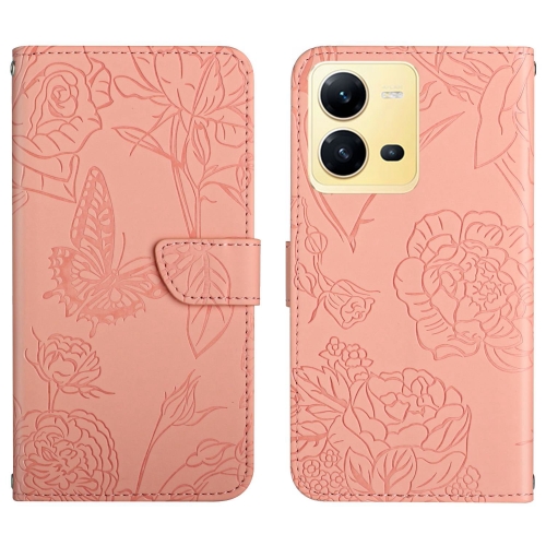 

For vivo X80 Lite/V25 5G HT03 Skin Feel Butterfly Embossed Flip Leather Phone Case(Pink)