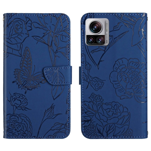 

For Motorola Edge 30 Ultra/Moto X30 Pro HT03 Skin Feel Butterfly Embossed Flip Leather Phone Case(Blue)