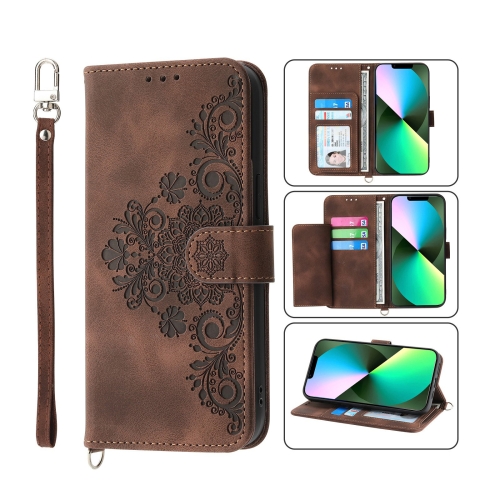 

For iPhone 13 Pro Skin-feel Flowers Embossed Wallet Leather Phone Case(Brown)