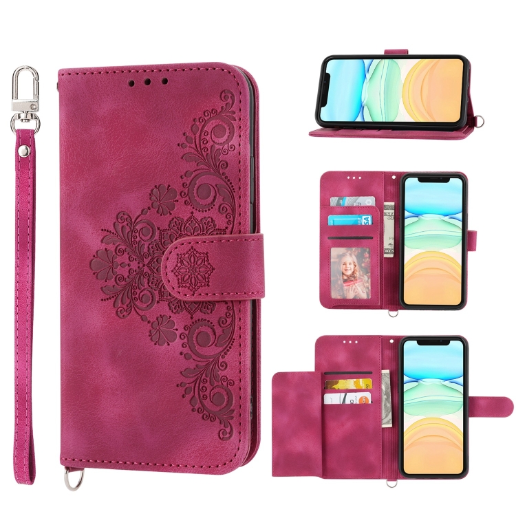 

For iPhone 13 mini Skin-feel Flowers Embossed Wallet Leather Phone Case(Wine Red)