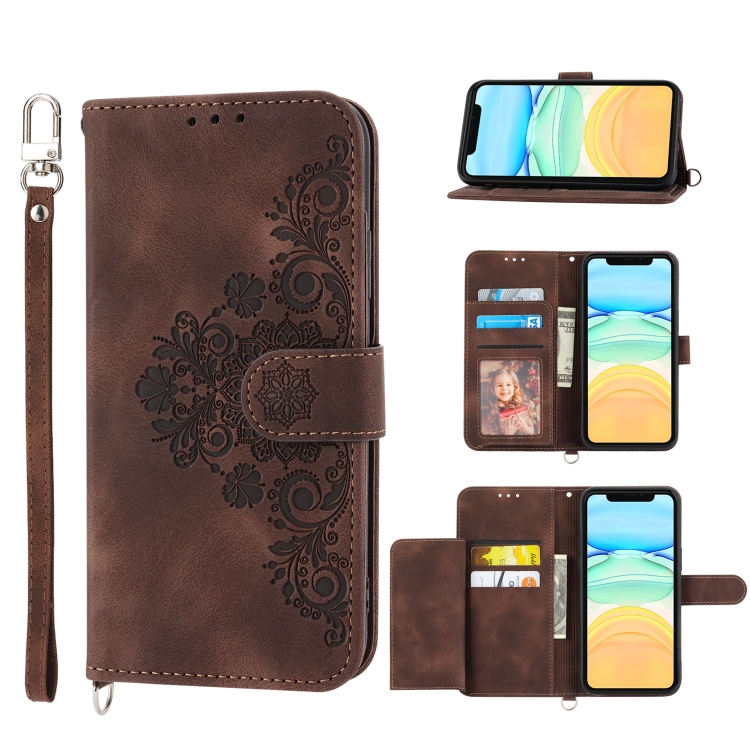 

For iPhone 12 mini Skin-feel Flowers Embossed Wallet Leather Phone Case(Brown)
