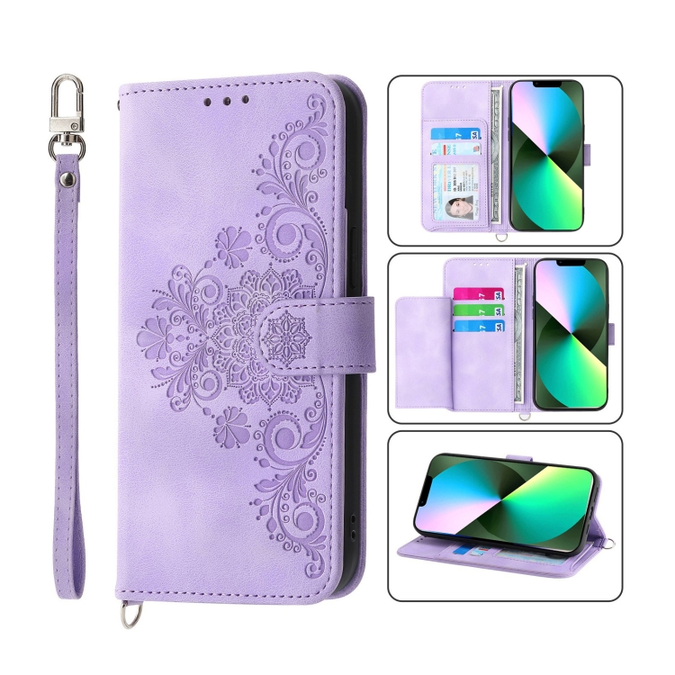 

For iPhone 11 Pro Max Skin-feel Flowers Embossed Wallet Leather Phone Case(Purple)