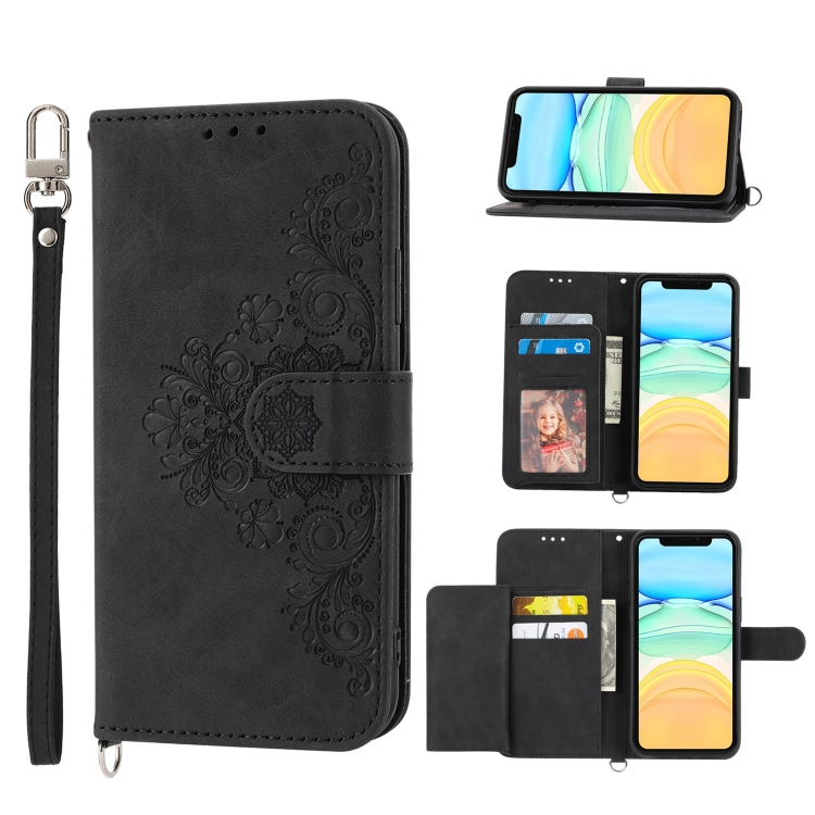

For iPhone 11 Skin-feel Flowers Embossed Wallet Leather Phone Case(Black)