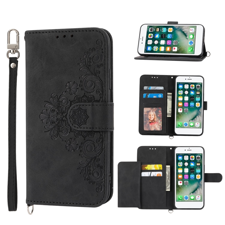 

For iPhone SE 2022 / SE 2020 / 8 / 7 Skin-feel Flowers Embossed Wallet Leather Phone Case(Black)