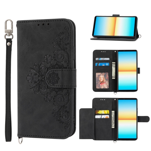 

For Sony Xperia 10 IV Skin-feel Flowers Embossed Wallet Leather Phone Case(Black)