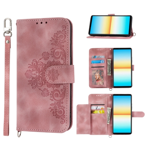 

For Sony Xperia 1 IV Skin-feel Flowers Embossed Wallet Leather Phone Case(Pink)