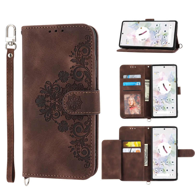 

For Google Pixel 6 Skin-feel Flowers Embossed Wallet Leather Phone Case(Brown)
