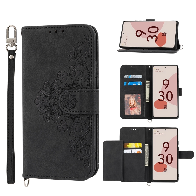 

For Google Pixel 7 5G Skin-feel Flowers Embossed Wallet Leather Phone Case(Black)